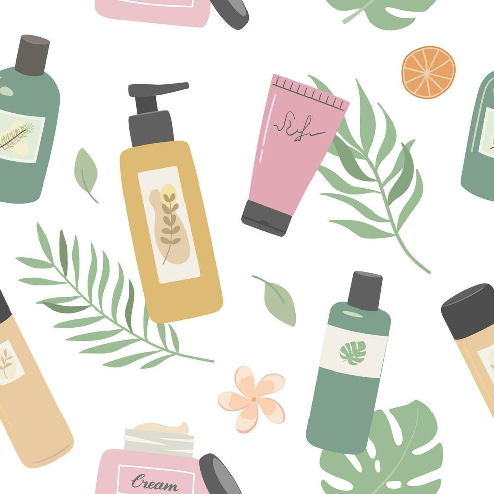 Seamless pattern with natural cosmetics, cream, lotion, shampoo. Skin and hair care products and tropical leaves flat vector illustration
