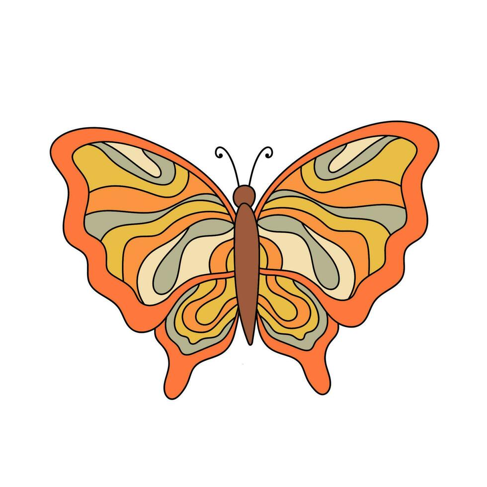 Butterfly isolated on white background. Hippie style groovy vibes 70s 60s style. vector