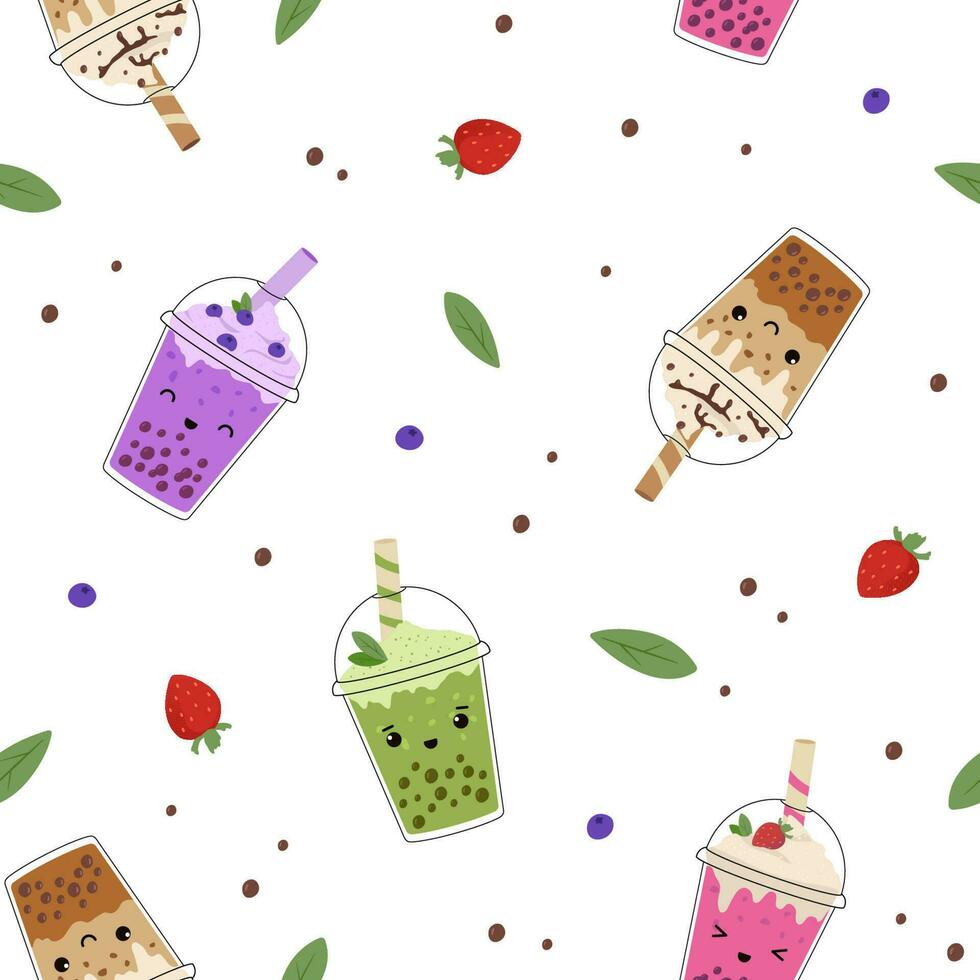 Funny kawaii bubble milk tea seamless pattern. Taiwanese boba tea with tapioca balls. Asian cold drink cartoon vector illustration