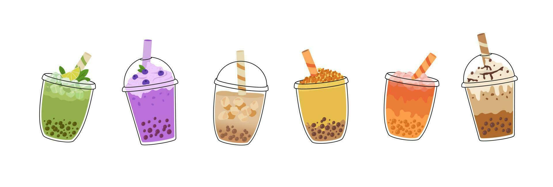 Bubble milk tea with tapioca pearls set. Asian Taiwanese beverage. Yummy drinks, latte, juice. Cartoon vector illustration.