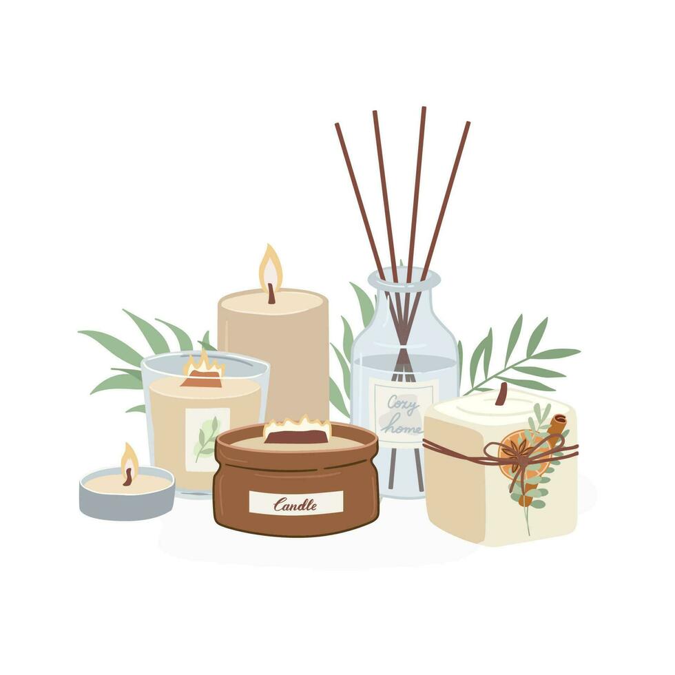 Set of hand drawn cozy scented candles and diffuser isolated on white background. Trendy aromatherapy, aroma sticks cartoon vector illustration.