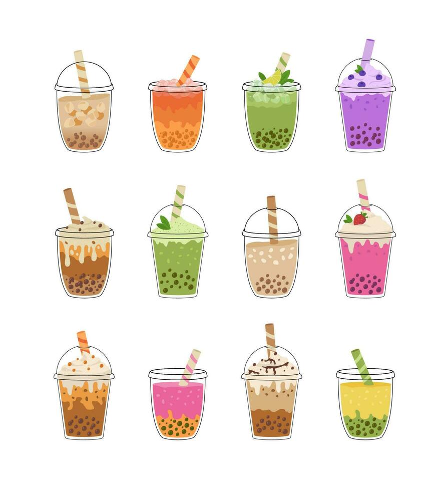 Set of Bubble milk tea with tapioca pearls. Asian Taiwanese beverage. Summer yummy cold drinks with fruit and berry, latte, juice, matcha, mojito. Cartoon vector illustration.