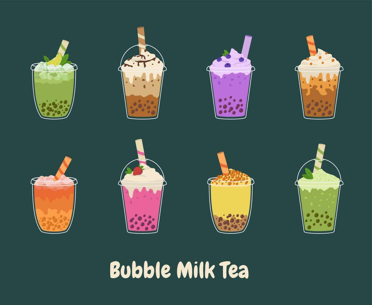 Bubble milk tea with tapioca pearls set. Asian Taiwanese drink. Cartoon vector illustration.