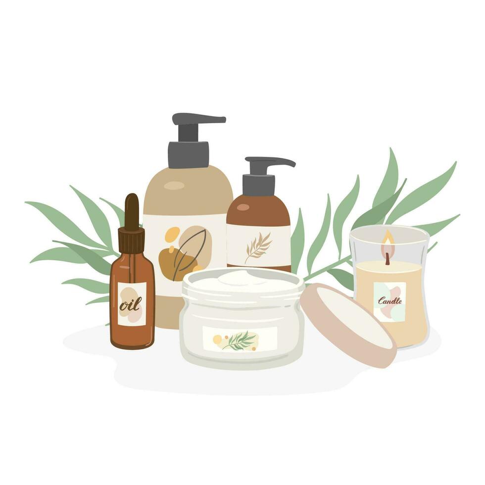 natural belleza productos decorado con tropical hojas en blanco antecedentes. protección de la piel, cuidado del cuerpo y spa plano vector ilustración. crema en frasco, esencial aceite, loción