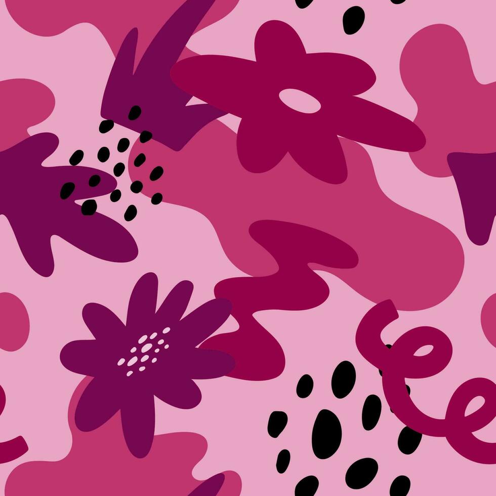 Funky shapes and abstract flowers seamless pattern. Modern trendy vector illustration, vivid magenta