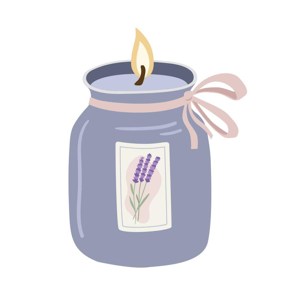 Hand drawn scented burning candle in a jar with lavender isolated on white background. Aromatherapy and relax flat vector illustration. Create romantic atmosphere, home decor