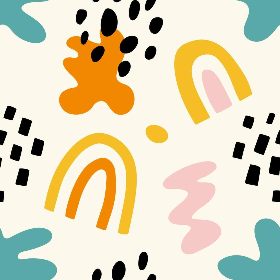 Funky shapes and abstract rainbow hand drawn seamless pattern. Modern trendy vector illustration, fabric design