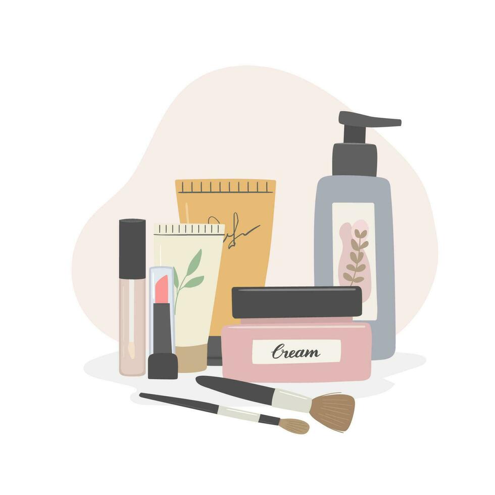 belleza productos, cosmético conjunto en plano vector ilustración. crema, lápiz labial, cepillos, maquillaje elementos en blanco antecedentes. piel cuidado y en línea compras, social medios de comunicación, anuncio bandera plantilla, web diseño