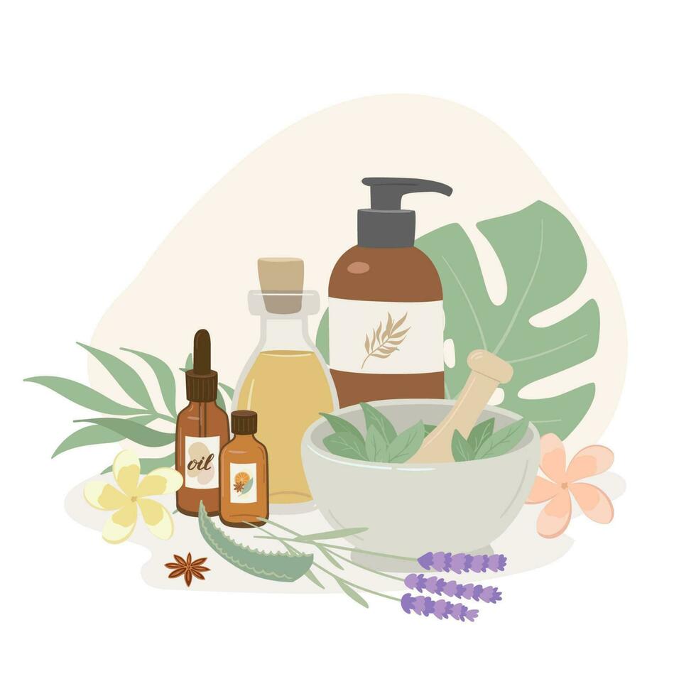 Composition  with essential oil and herbs. Lavender, aloe and aromatic flowers. Spa, aromatherapy accessories, scin care flat vector illustration on white background