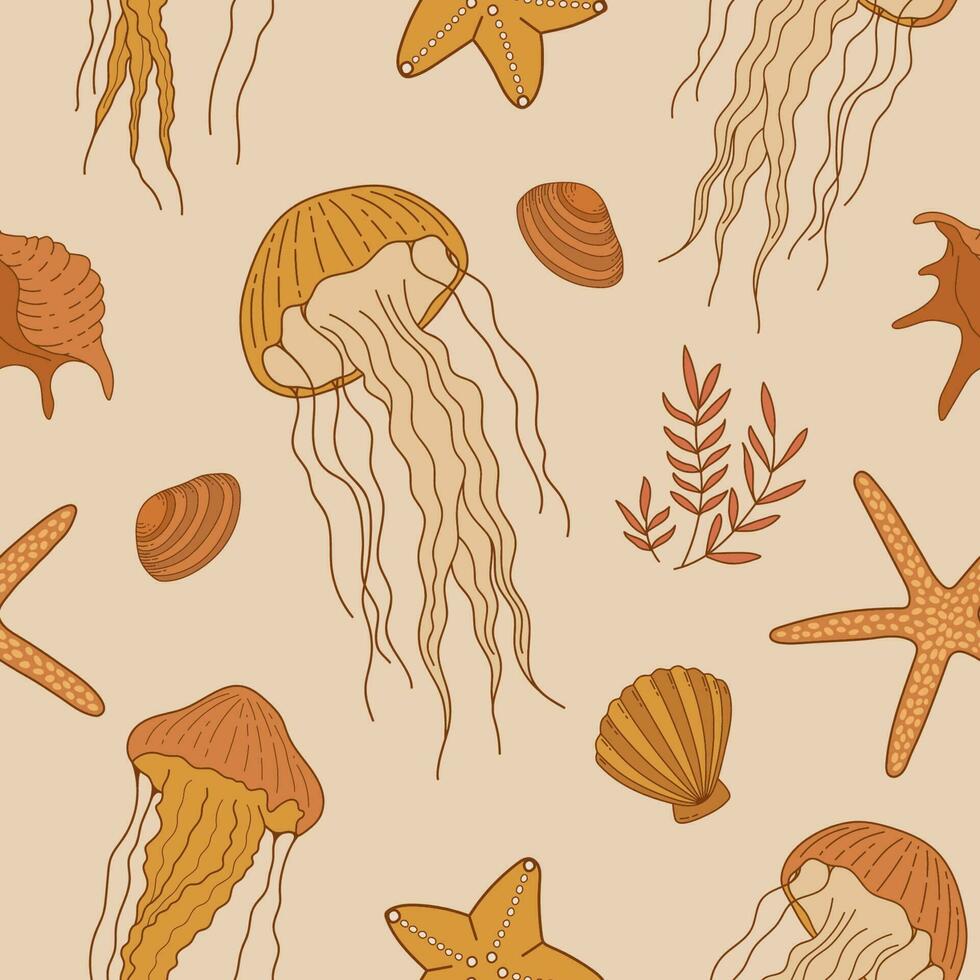 Seamless pattern with jellyfish, shells and starfish. Vintage sea life vector ornament. Marine background. Perfect for textile, invitations, manufacture wrapping paper,  web design