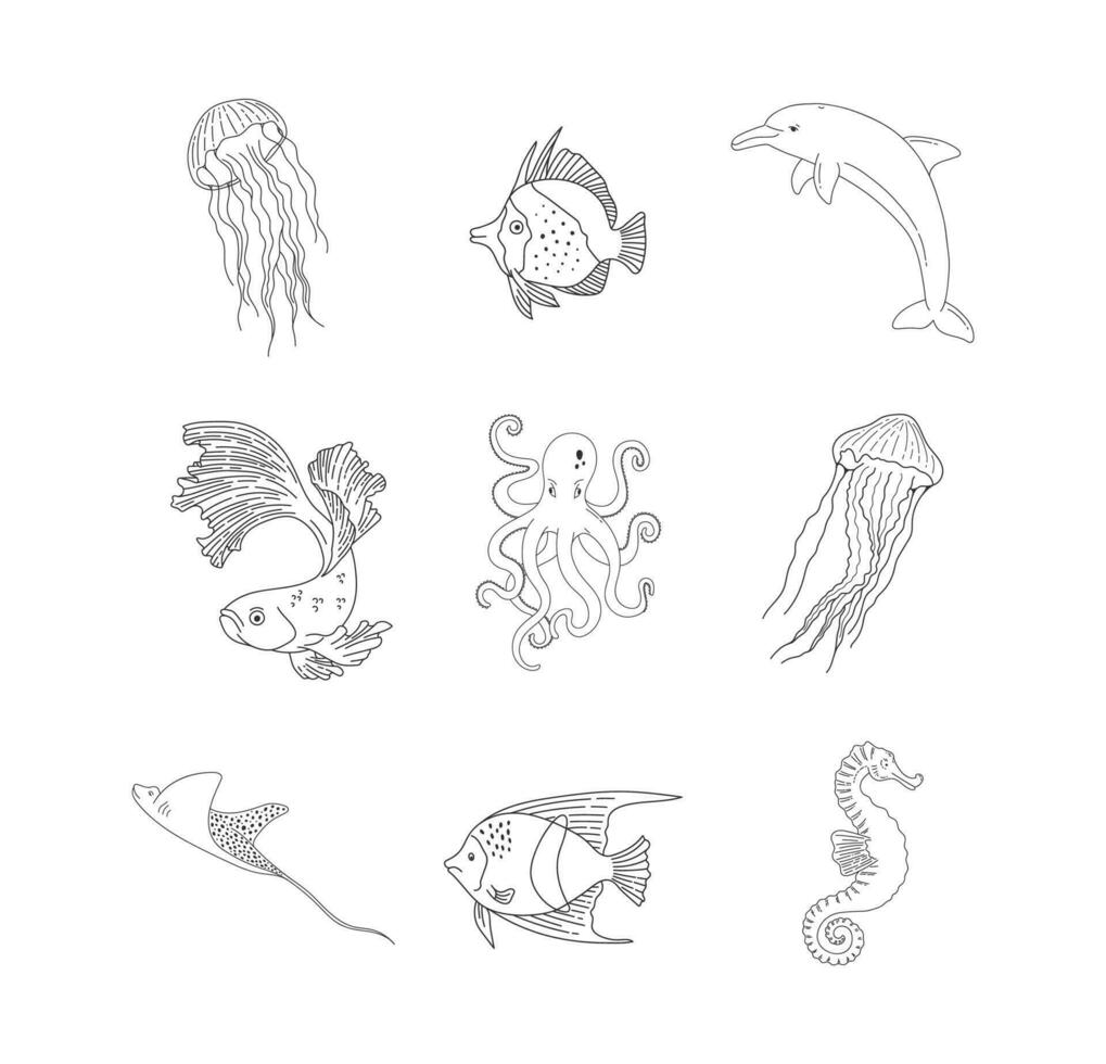 mar peces línea iconos Oceano animales vector ilustración. Medusa, delfín, caballo de mar, pulpo contorno colocar.