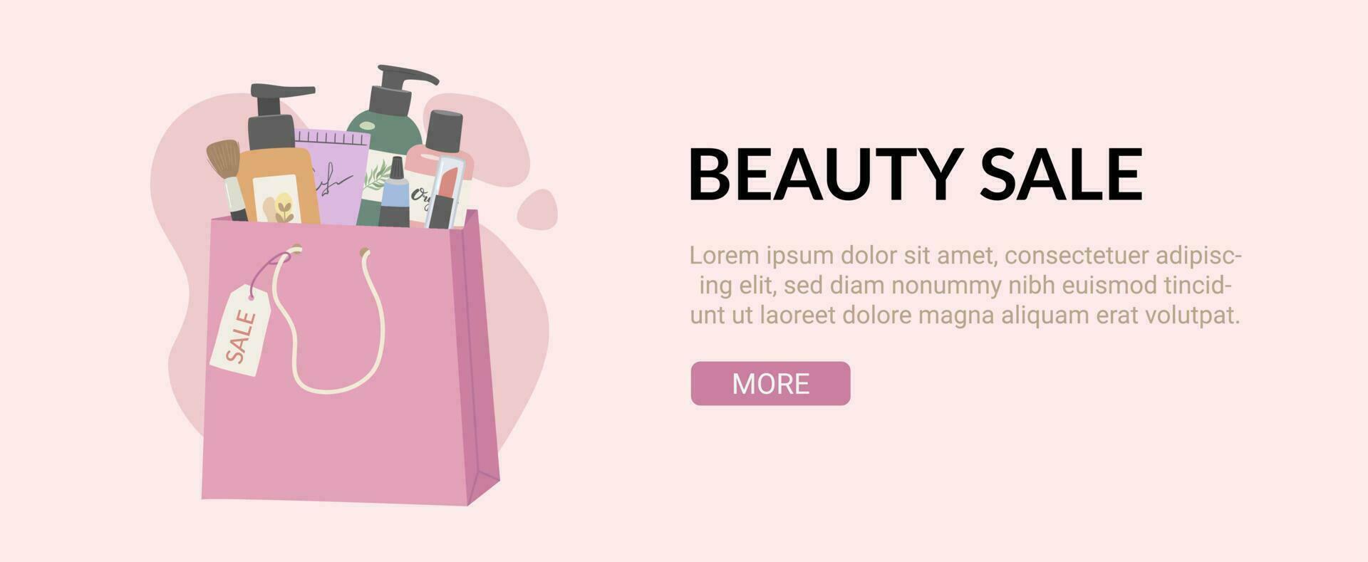 Cosmetic sale shopping bag flat vector illustration. Beauty and skin care products in package. Promotion banner, poster, flyer, web template