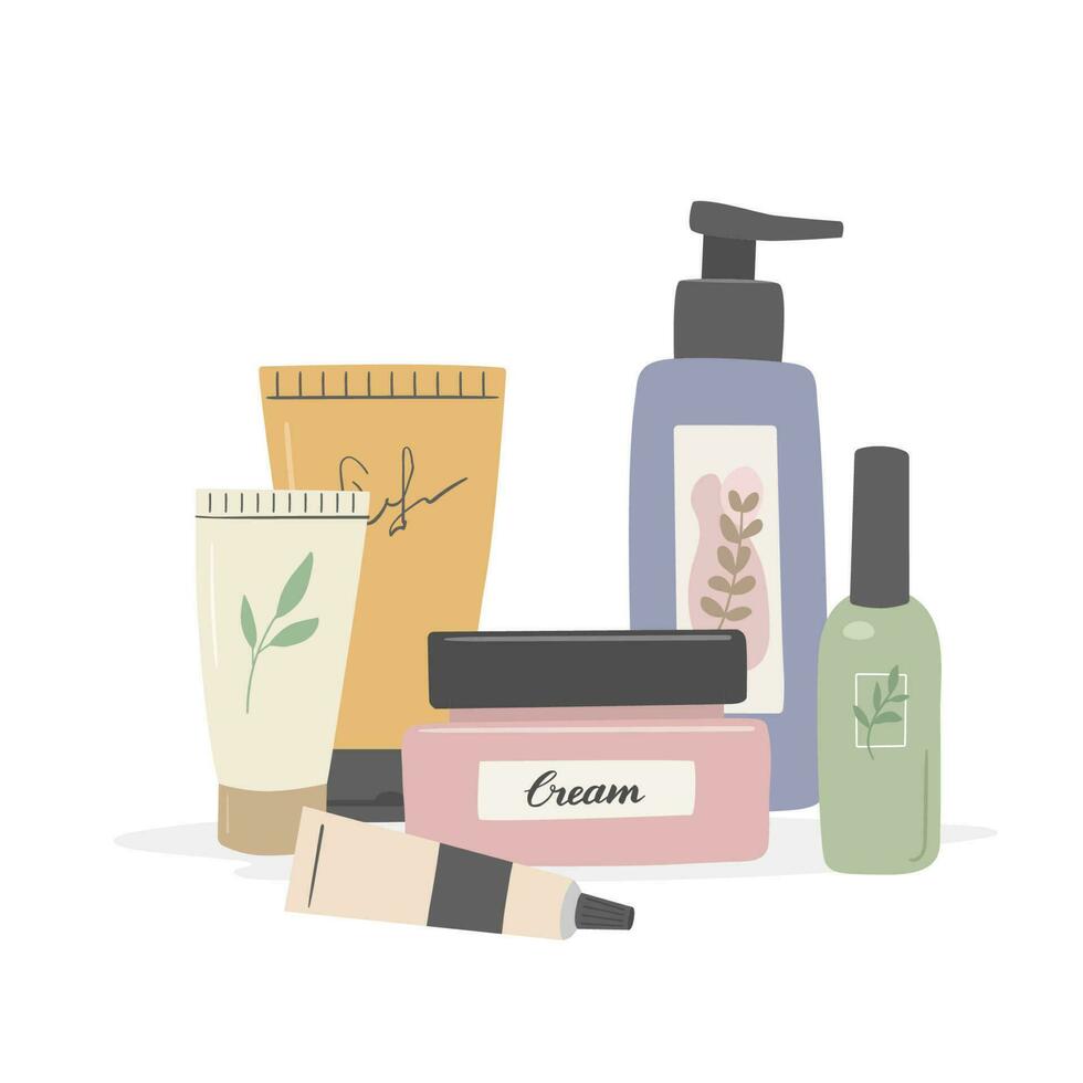 Composition with beauty products, cosmetics flat vector illustration. Set of cream and lotion on white background. Skin care and online shopping. Social media publication