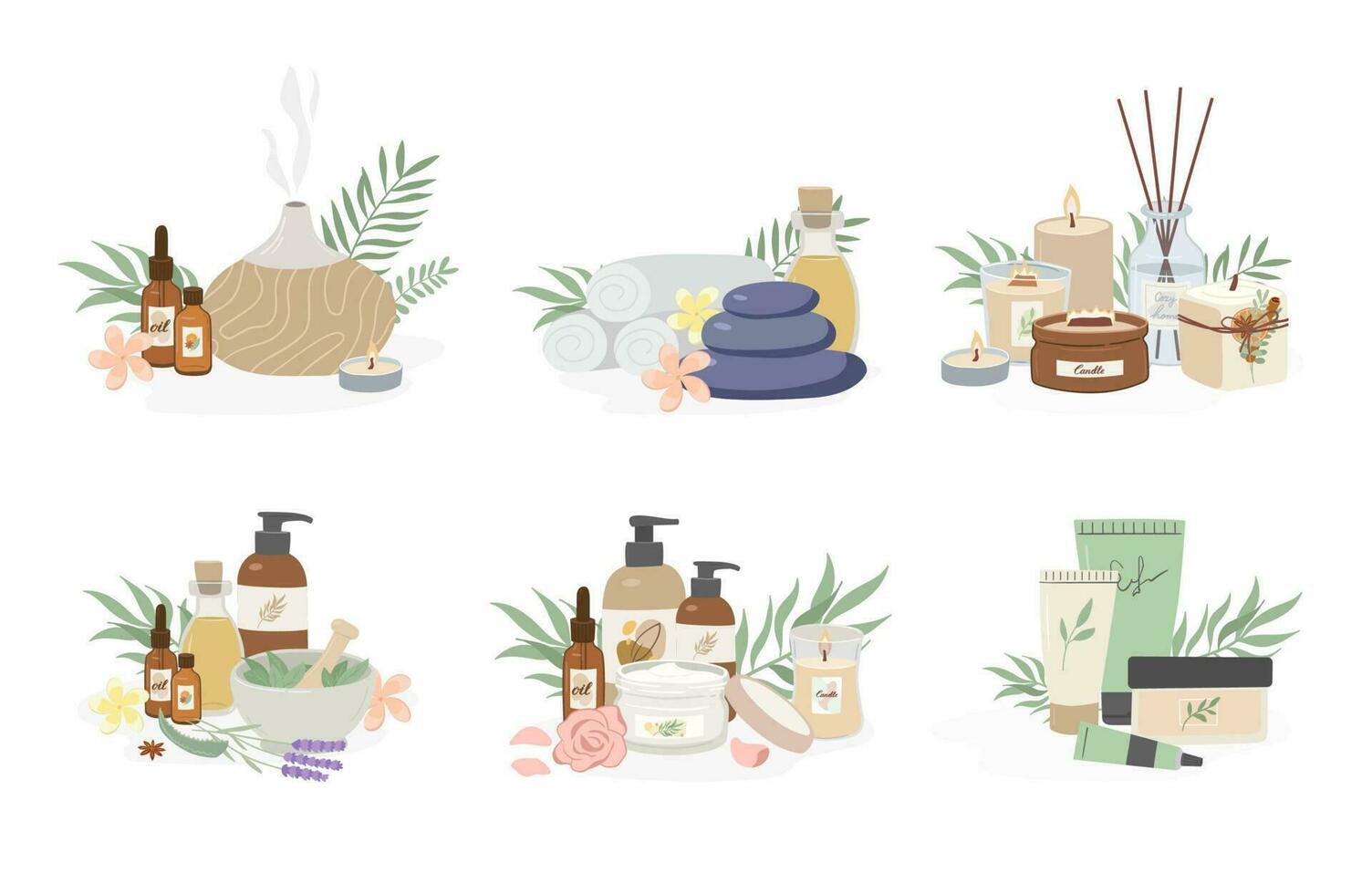 Set of beauty and skin care natural products, scented candles, essential oil, aroma lamp, aromatherapy accessories, massage on white background. Bodycare and spa flat vector illustration.