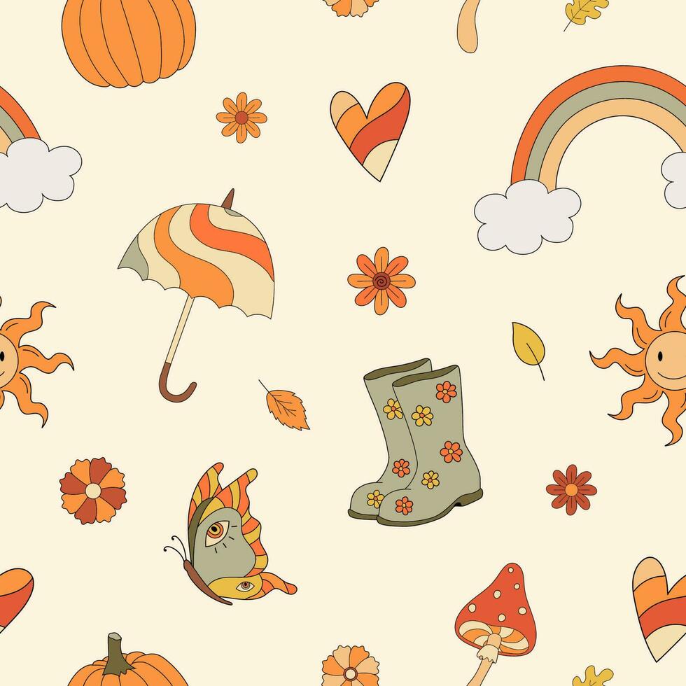 Autumn groovy seamless pattern with rainbow, mushrooms, umbrella. Fall vibes. Retro 70s vector illustration. Hippie style. Fabric, textile design