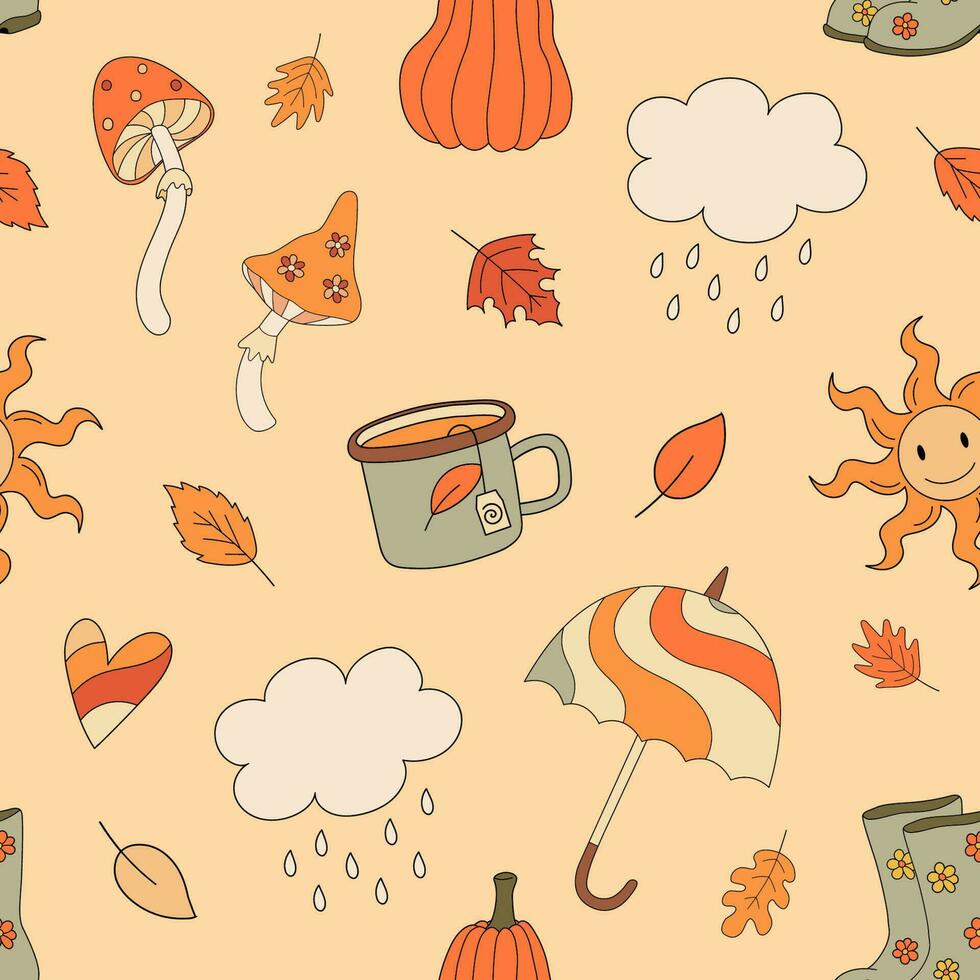 Autumn groovy seamless pattern with mushrooms, pumpkin, umbrella, rain. Fall vibes. Retro 70s vector illustration. Fabric, textile design