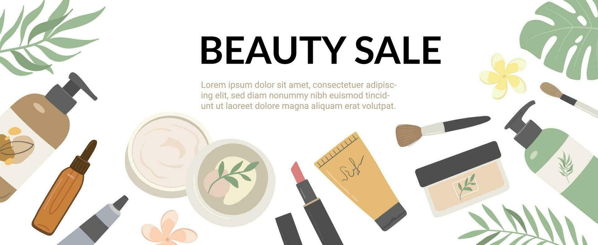 Cosmetic sale flat vector illustration. Beauty and skin care products online shopping. Cream, shampoo, lipstick, lotion, serum. Promotion banner, poster, flyer, web template, landing page