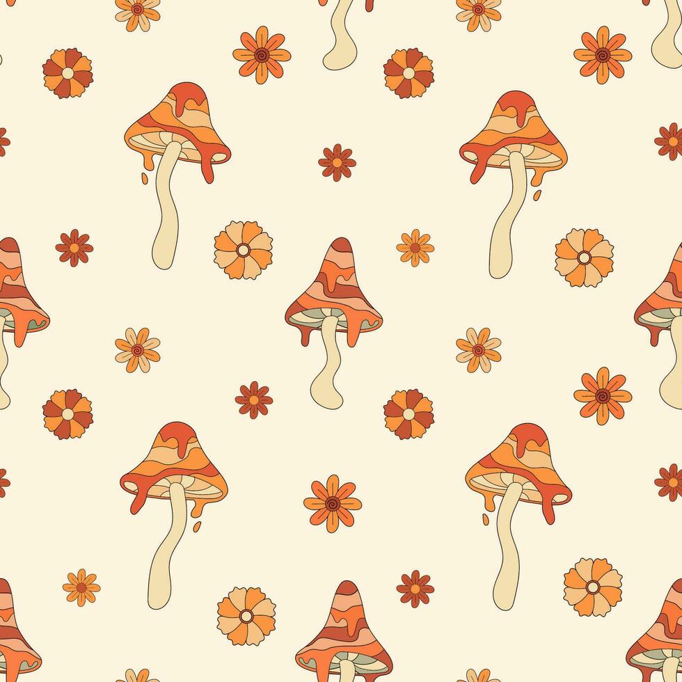 Autumn groovy seamless pattern with mushrooms and flowers. Fall vibes. Retro 70s vector illustration. Fabric, textile design
