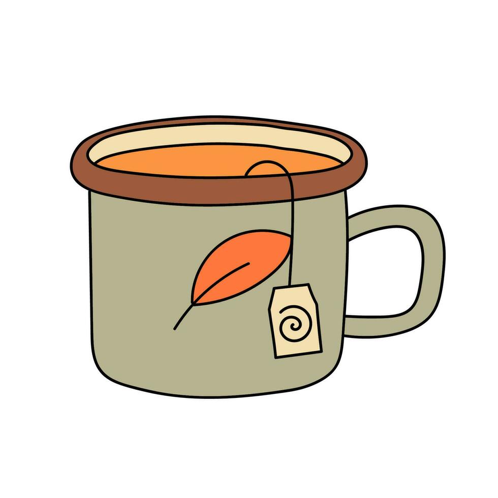 Cup of tea in trendy retro cartoon style. Groovy autumn flat vector illustration