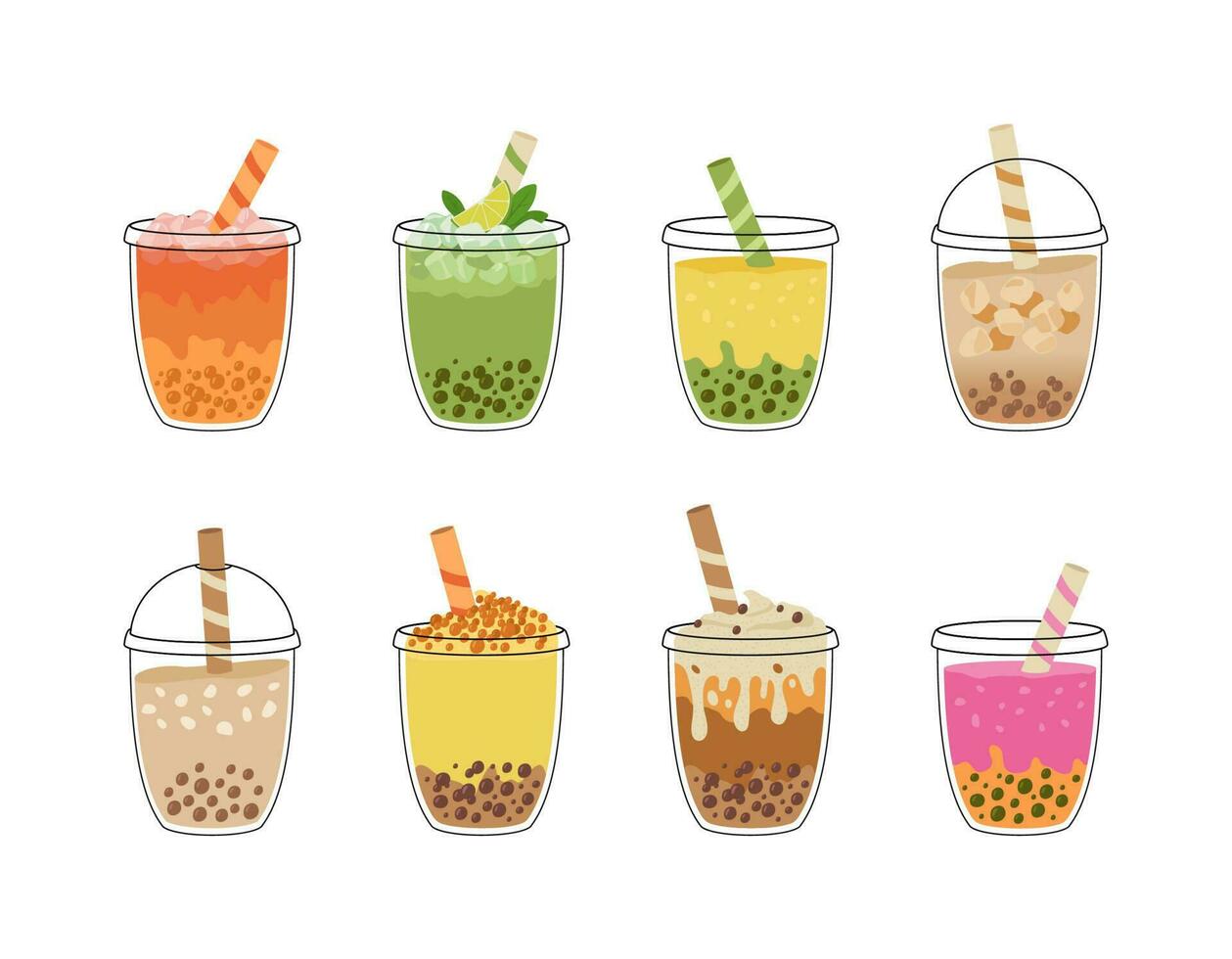 Set of bubble tea with tapioca pearls. Asian Taiwanese drink. Boba milk tea. Cold coffee in takeaway cup. Cartoon vector illustration.