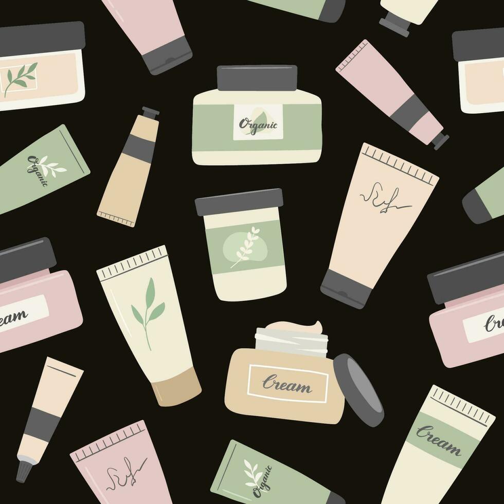 Seamless pattern with natural cosmetics, cream. Skin care products flat vector illustration