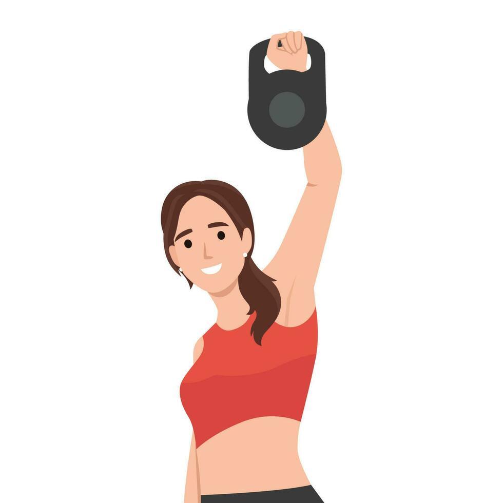 Woman doing Single arm kettlebell snatch exercise. Flat vector illustration isolated on white background.