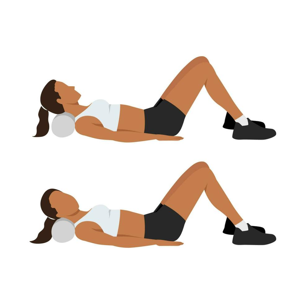 Woman doing foam roller neck release exercise. vector