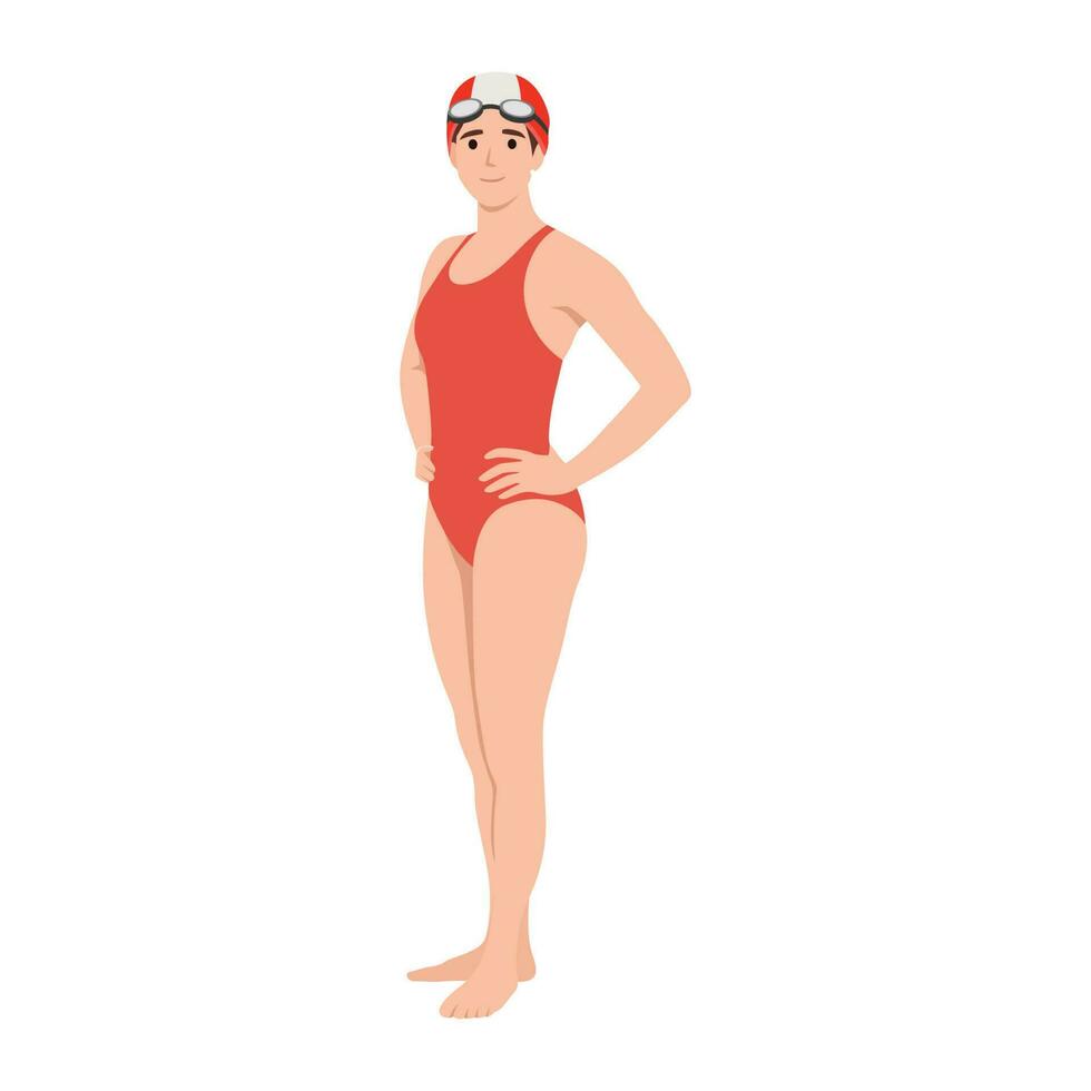 Beautiful woman, swimmer in swimming suit, cap and goggles, cartoon vector illustration isolated on white background. Front view full length portrait of woman, girl swimmer in swimming suit