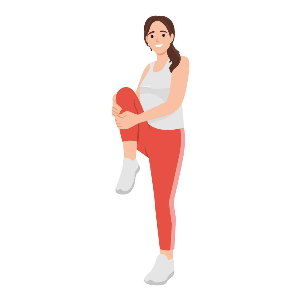 Woman stretching exercises holding her front knee and warmin up. Prepare for workout or for run. vector