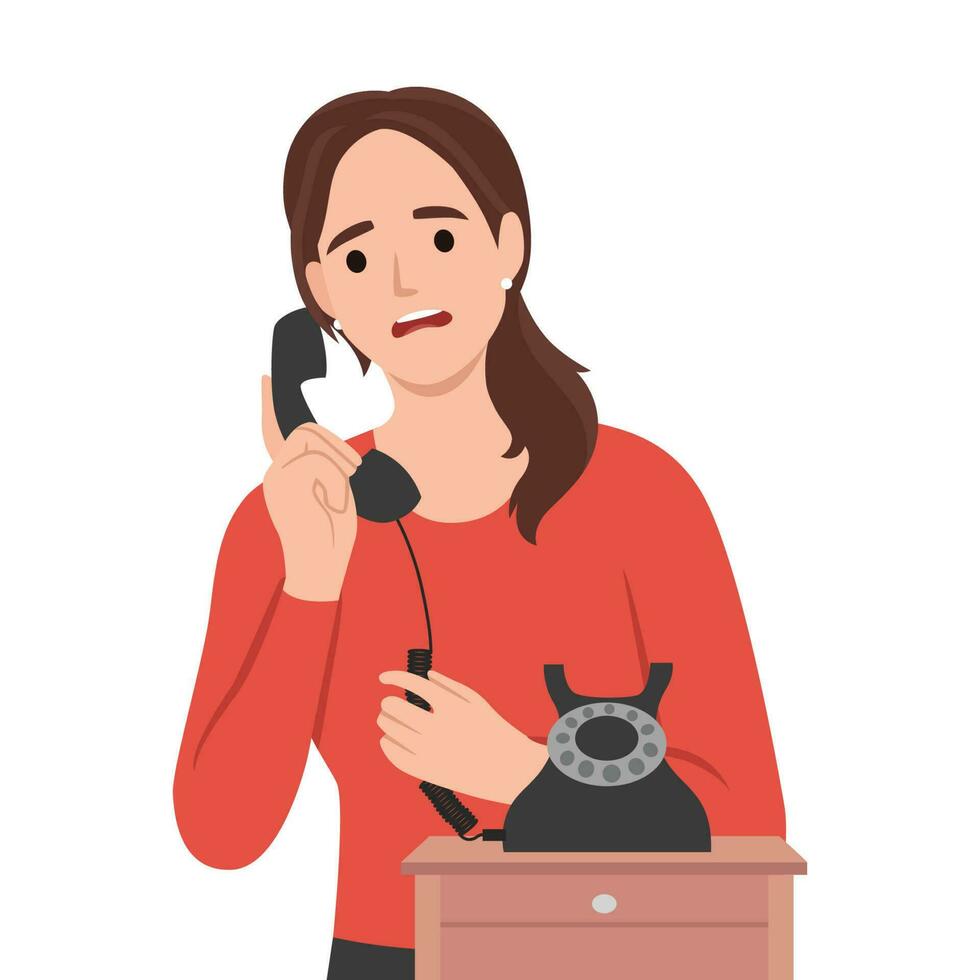 Young woman speak on old corded phone at home. Female have conversation on landline telephone. Communication and call vector