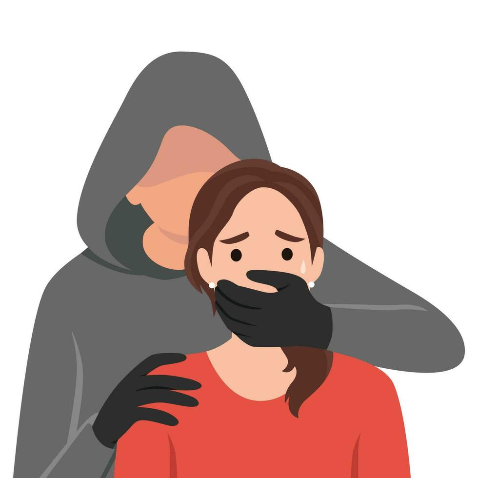 Abuse or domestic violence concept. The man covers the woman's mouth with his hand. A woman in tears and with traces of beating on her face. Social problems, aggression and abuse against women. vector