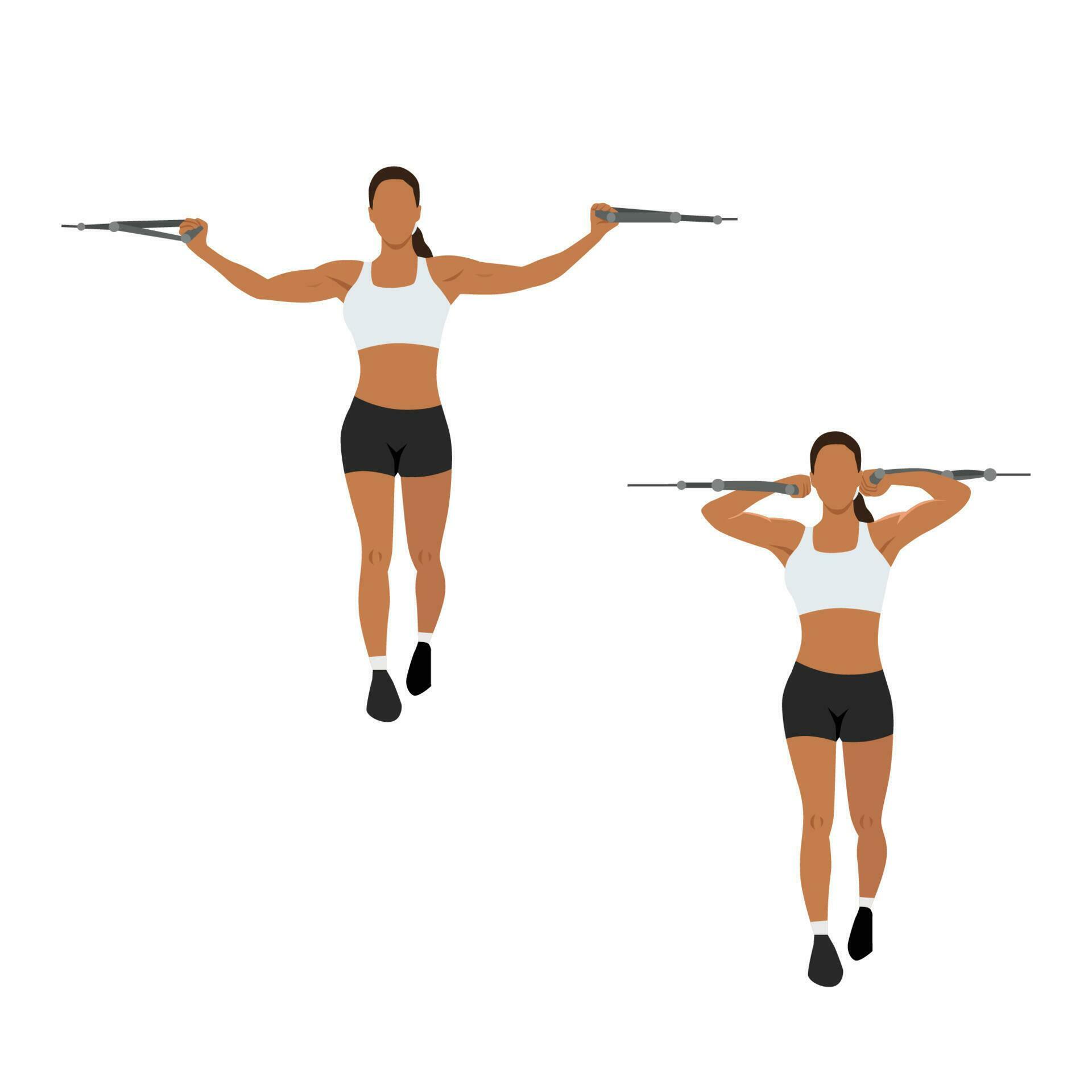 Woman doing overhead cable curls. Crucifix curls. flat vector
