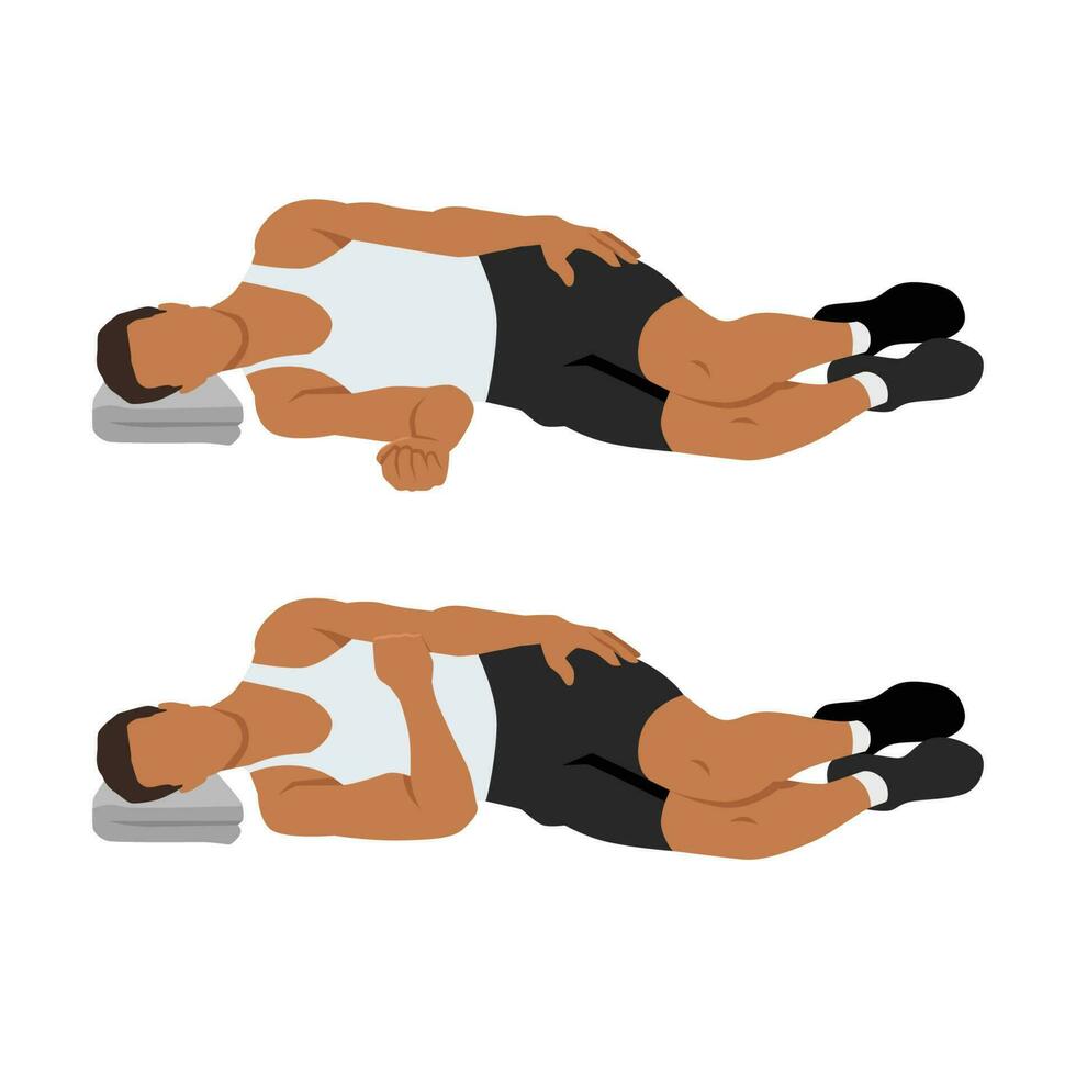 Man doing laying internal shoulder rotation. Flat vector illustration isolated on white background
