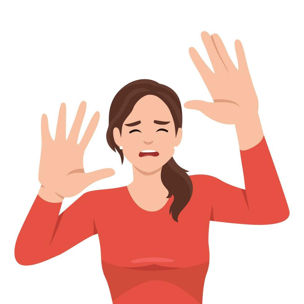 Young woman cartoon character making stop with his hands. Say No