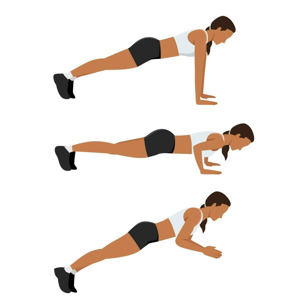 deporte mujer haciendo ejercicio con aplausos empujar arriba postura comienzo con tablón y final con un aplaudir en aire. rutina de ejercicio poses para cardio. vector