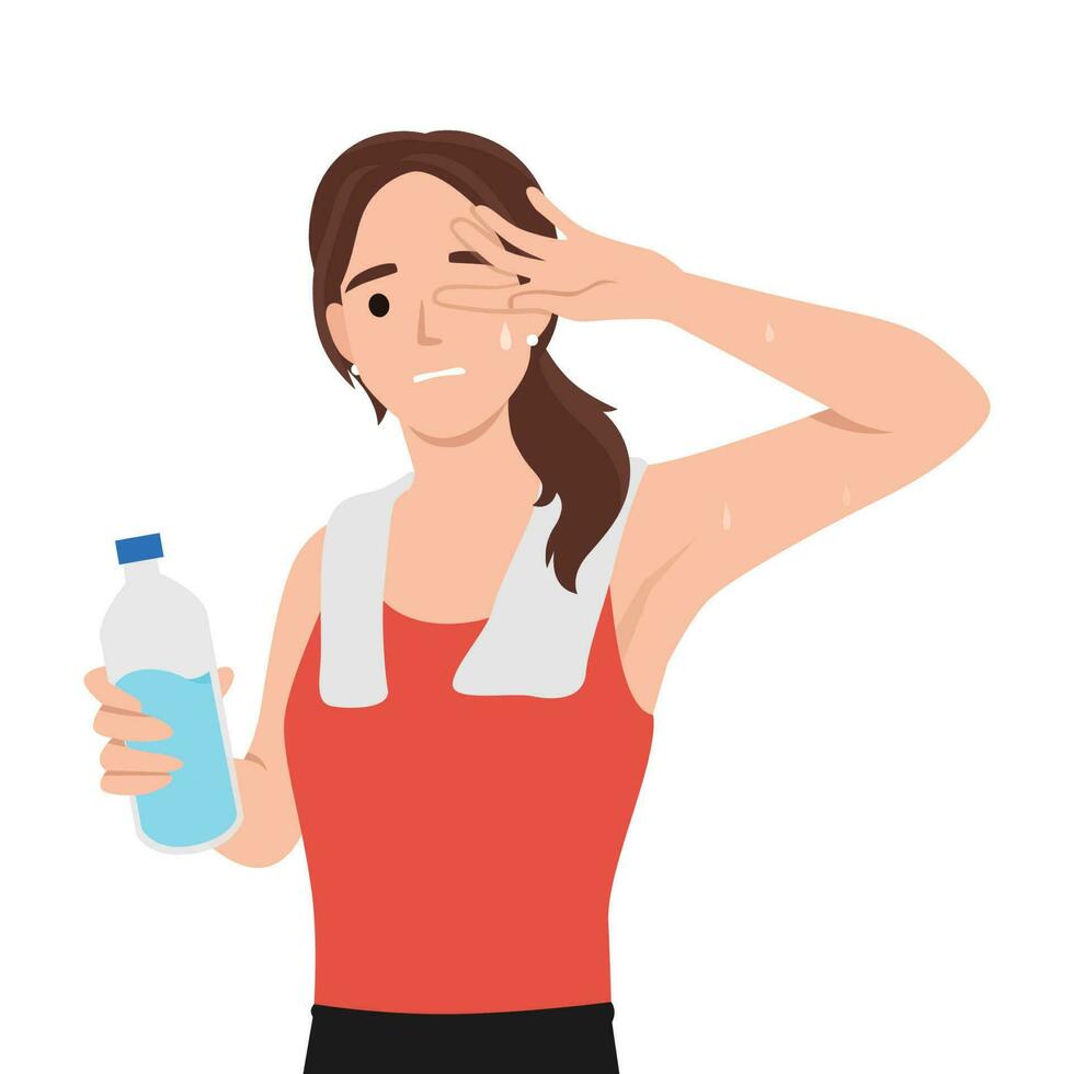 joven caucásico blanco deportivo mujer Bebiendo agua y limpiando sudor con un toalla después ejercicio. sano estilo de vida concepto. vector