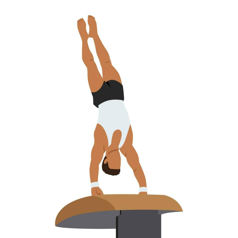 A gymnast with an athletic physique performs a vault, athlete springs onto a vault with his hands. Vector flat design illustration. Individual all around preflight competition scene.