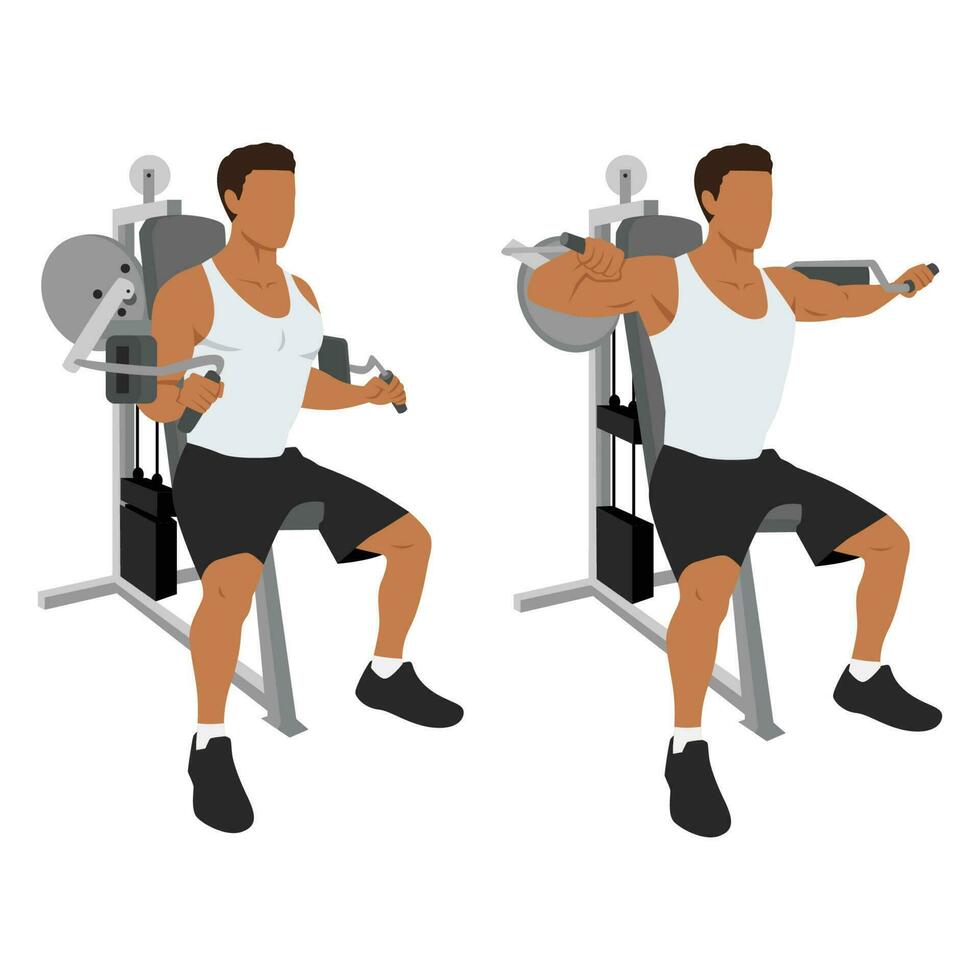 Man doing Seated Lateral raise machine. Power partials exercise. vector