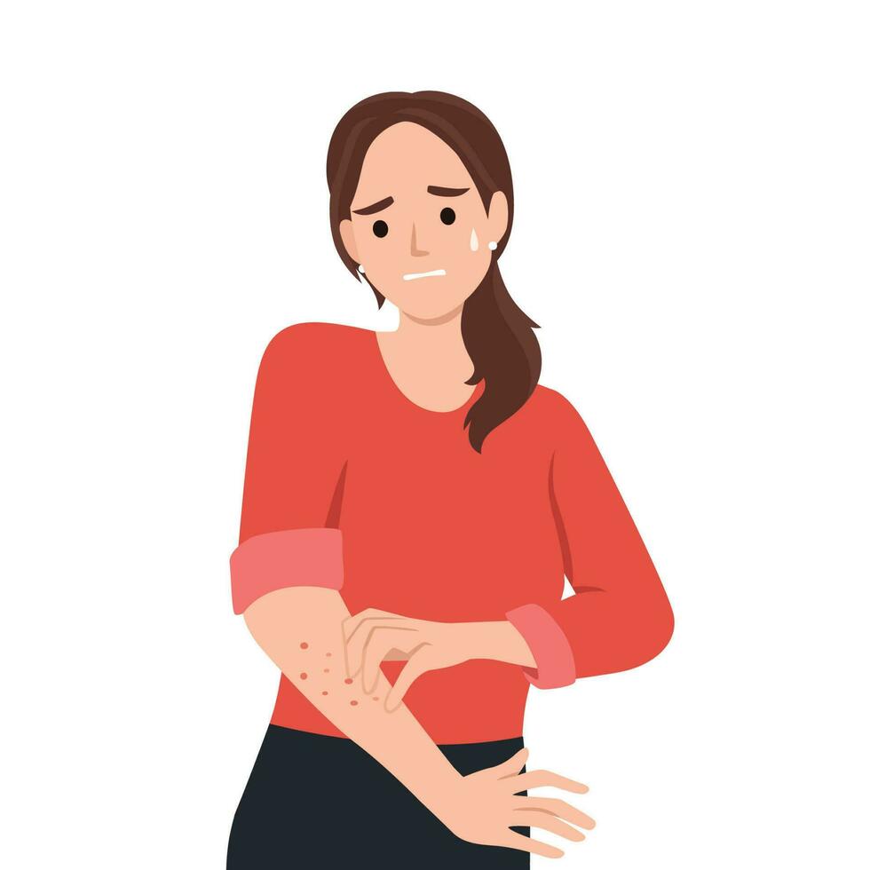 Unhappy suffering woman scratching the skin on her hand. Various skin problems, such as allergies, psoriasis, itching, atopic dermatitis, eczema, dryness, redness. Virus disease and eczema concept vector