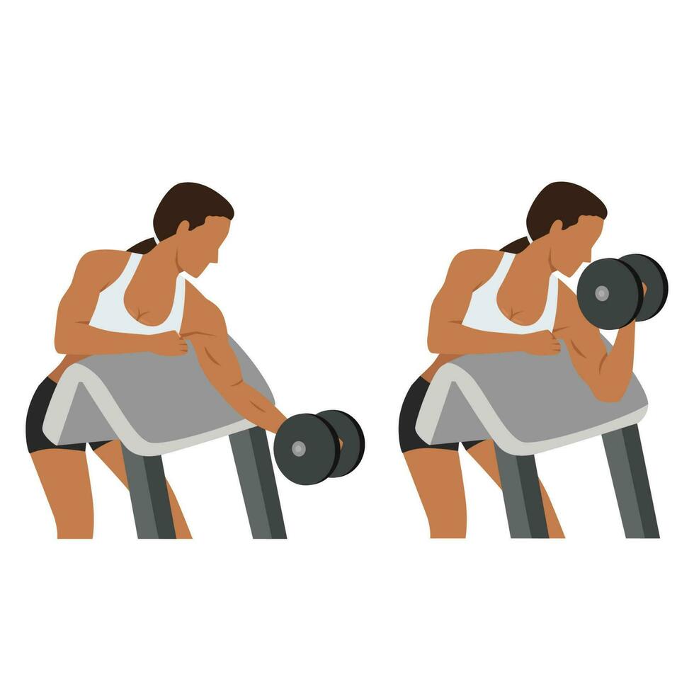 Woman doing one arm dumbbell preacher curl. vector