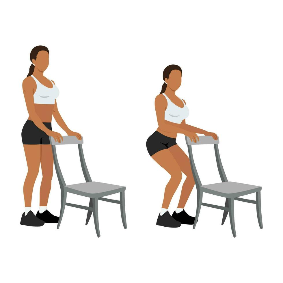 Woman doing Chair squat exercise. Partial or half squat with chair for athlete. vector