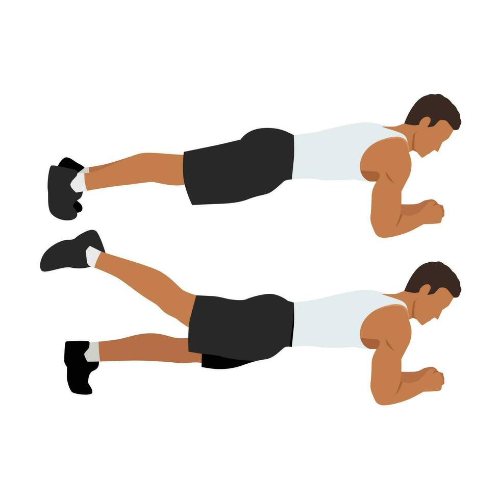 ejercicio guía por hombre haciendo tablón pierna levanta en 2 pasos. plano vector