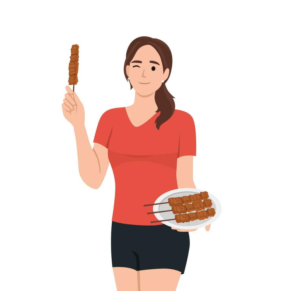 joven mujer comiendo pollo satay alimento. plano vector ilustración