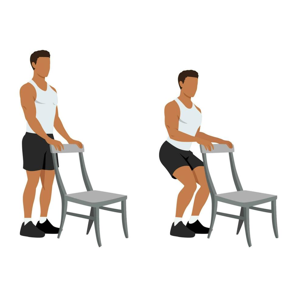 hombre haciendo silla ponerse en cuclillas ejercicio. parcial o medio ponerse en cuclillas con silla para atleta vector