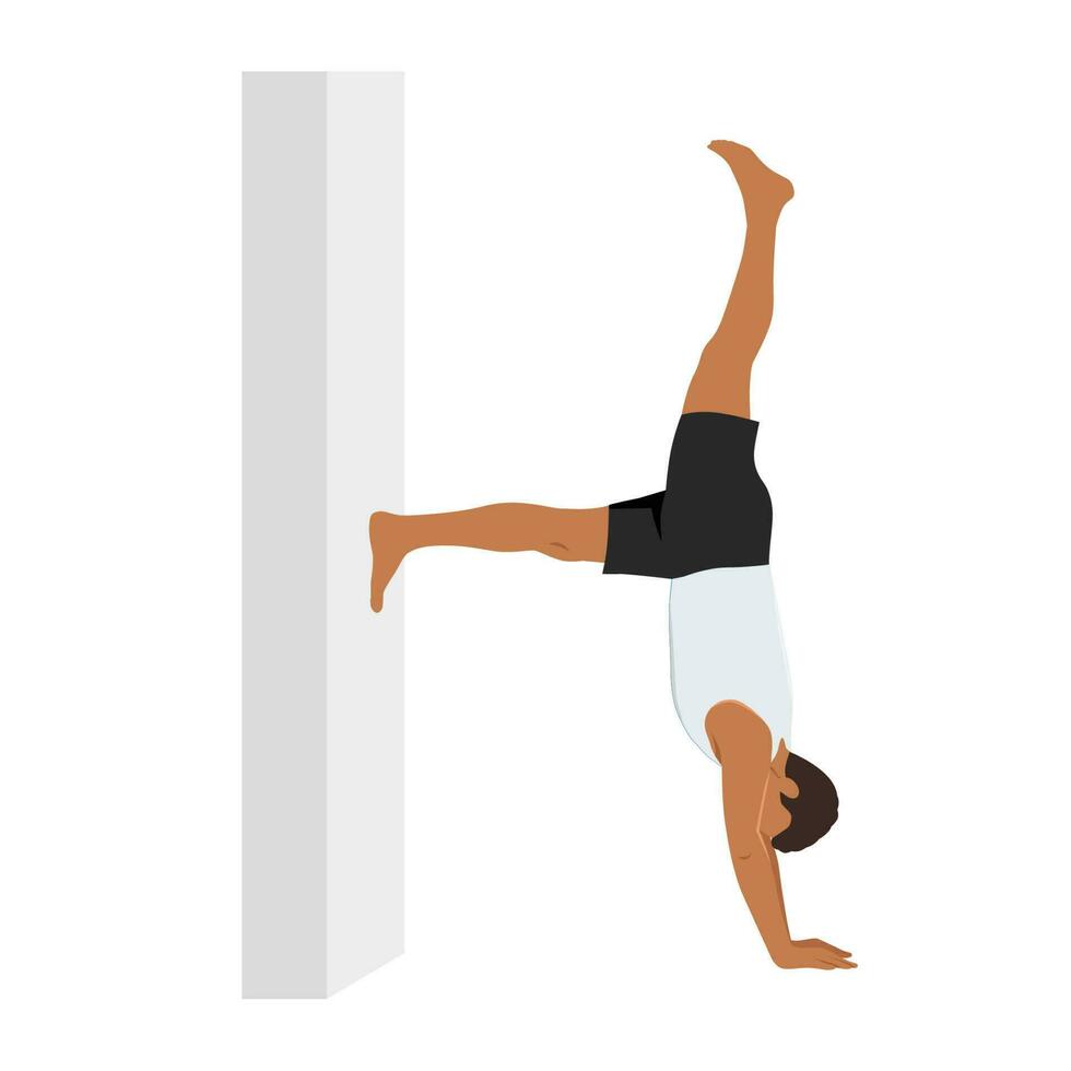 medio parada de manos a muro, lado tablón variación medio parada de manos a pared. hombre práctica kapinjalasana, vasisthasana variación mano a dedo del pie rodilla doblado. vector