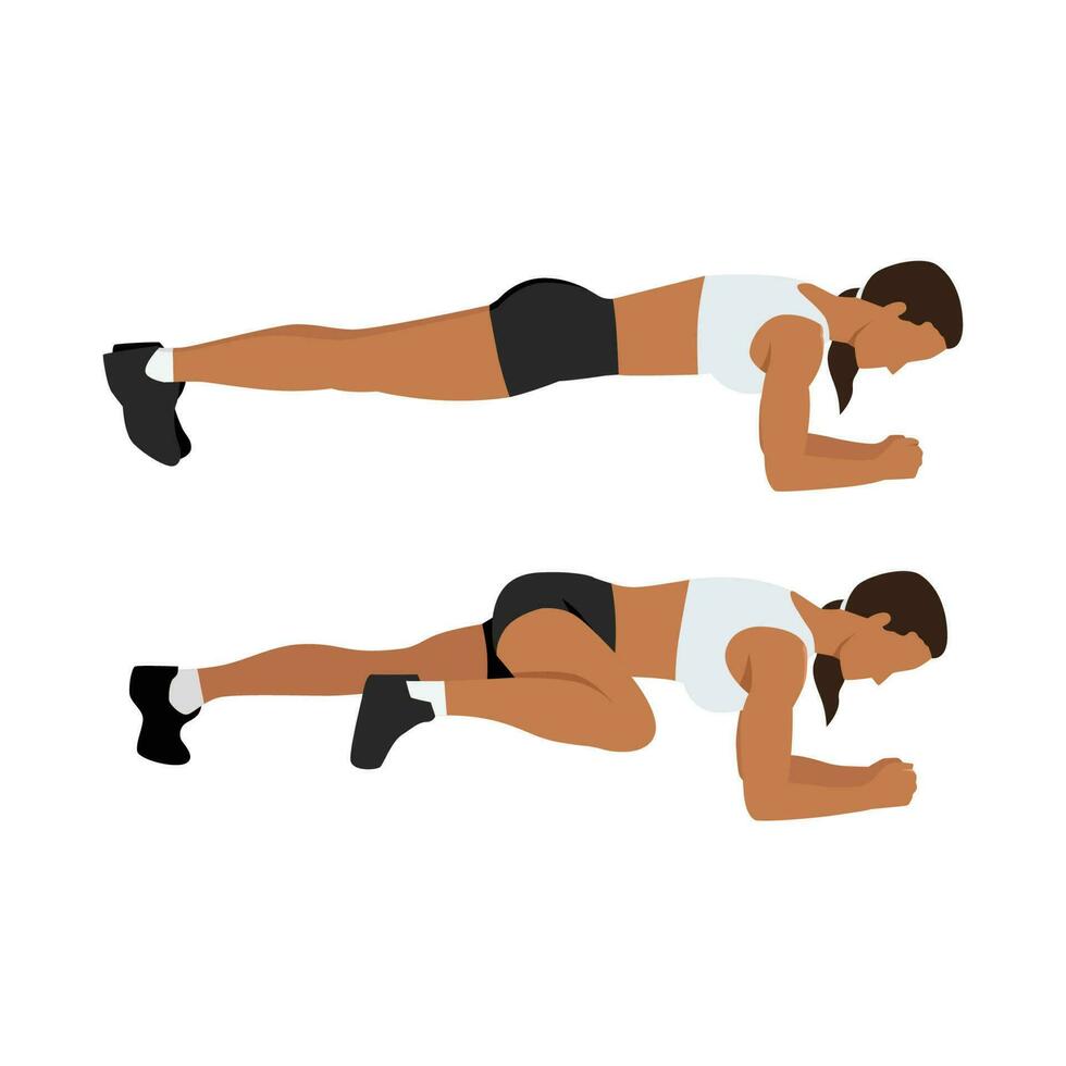 Woman doing Abdominal exercise position introduction with Plank Knee to Elbow in 2 step for guide. Flat vector