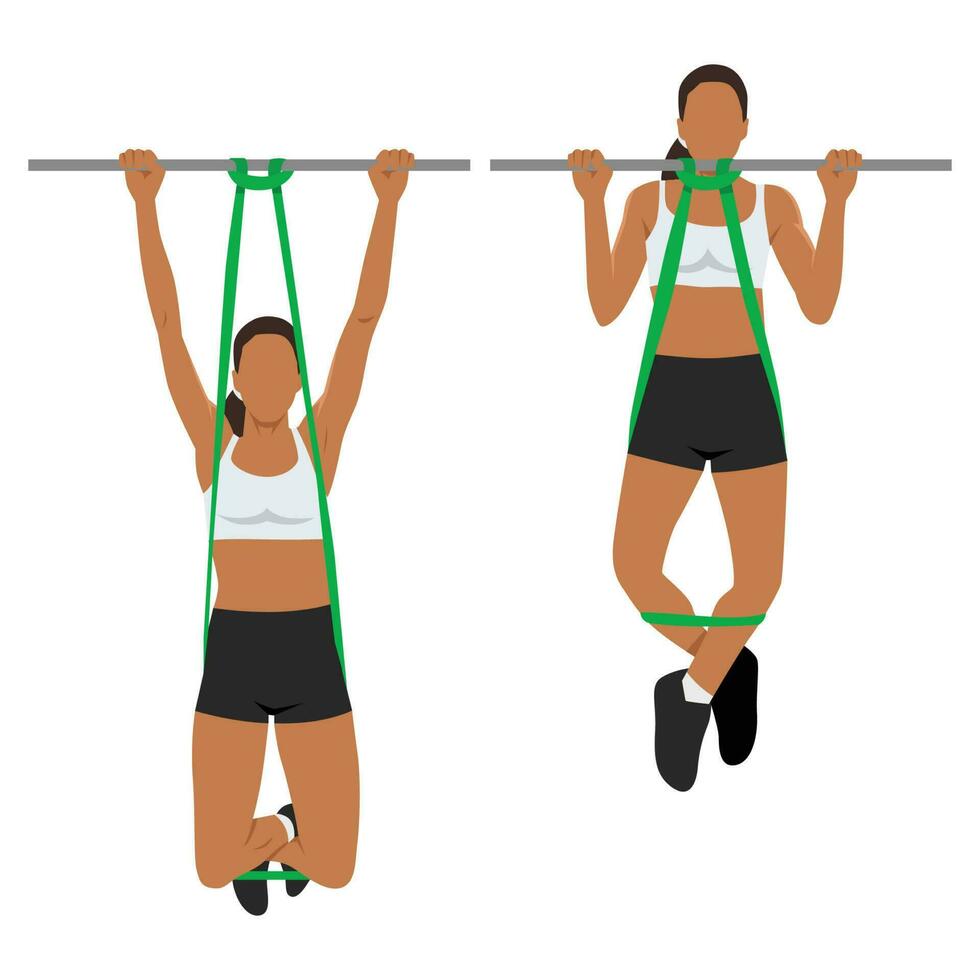 Woman doing pull ups using resistance band, resistance band assisted pull ups vector