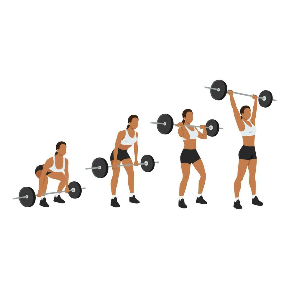 Woman doing full barbell clean and presses or jerk or overhead presses vector