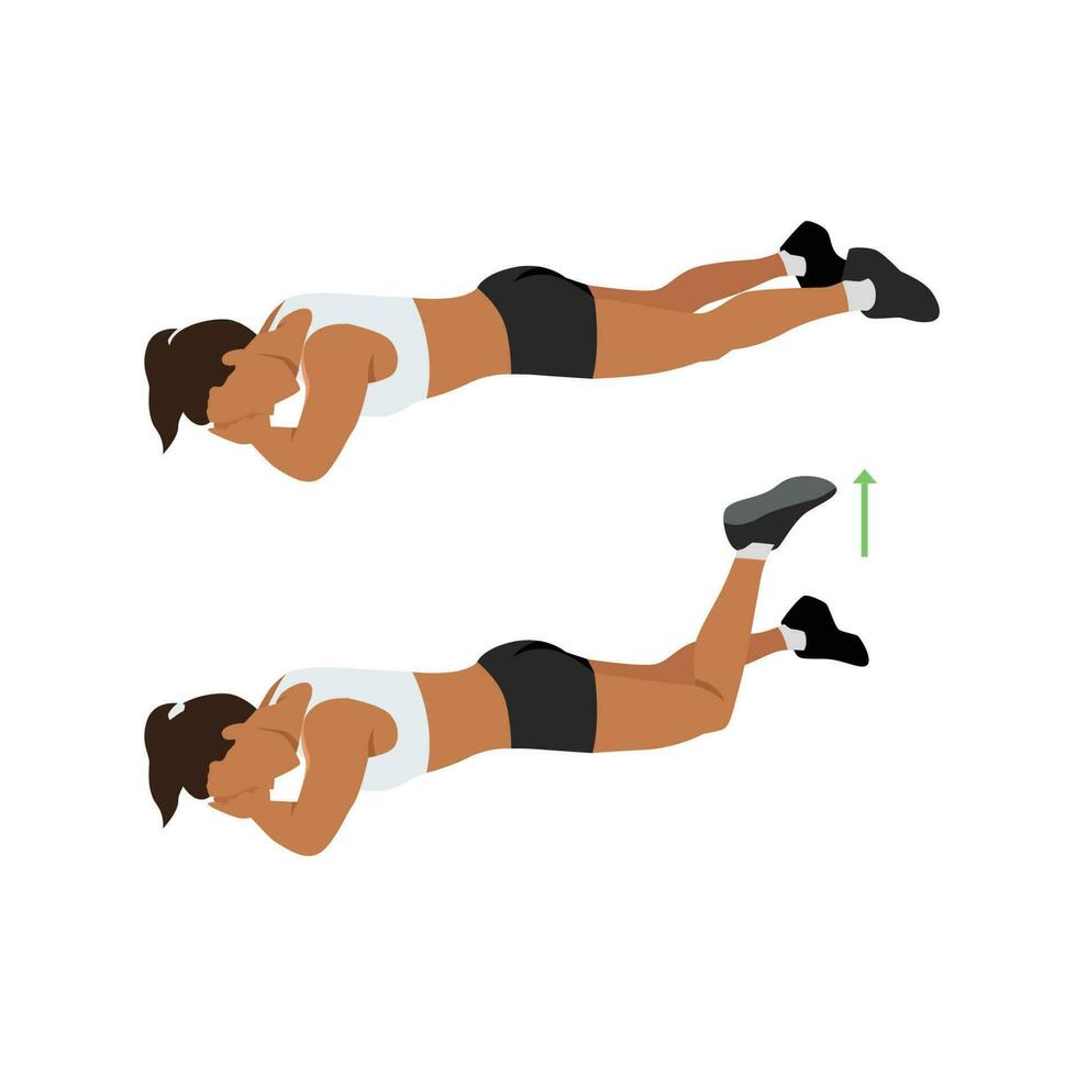 Woman doing prone or lying knee bends exercise. Flat vector