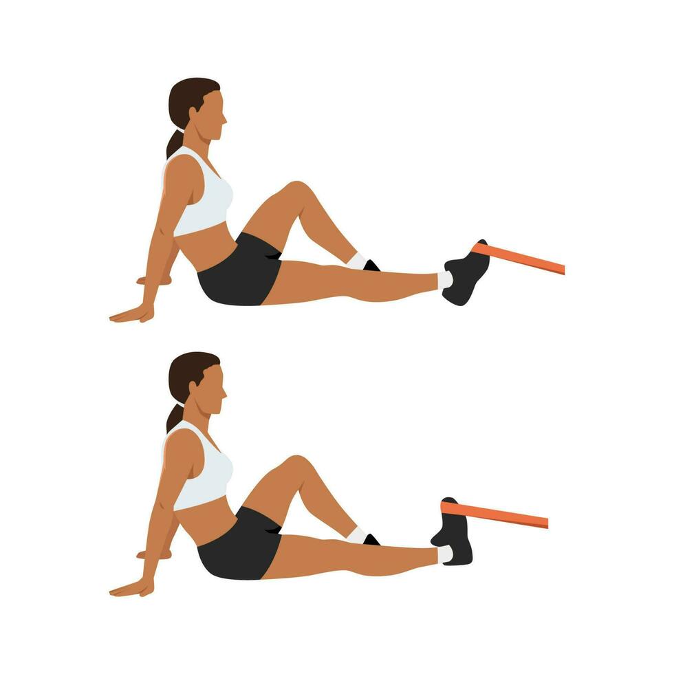 Woman doing resistance band dorsiflexion exercise stretch. Ankle exercise. vector